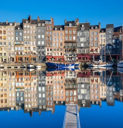Honfleur old harbor colorful houses slate fronts Normandy port
